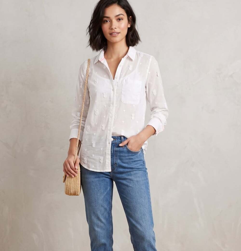 Maeve Anthropologie White Pineapple Embroidered Button-Up Size 0 Cotton Sheer